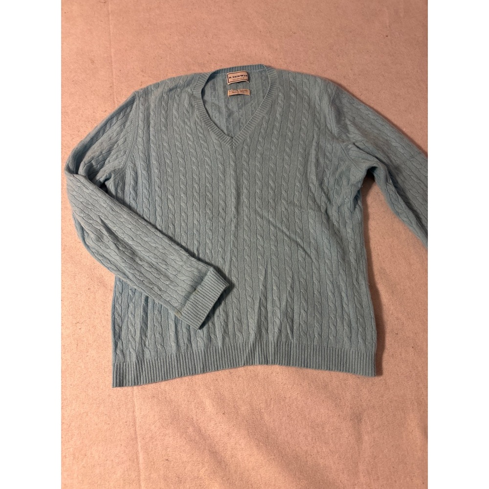 R. Derwin Litchfield Sweater Women XL Blue Excellent 100% 2-Ply Cashmere Cable